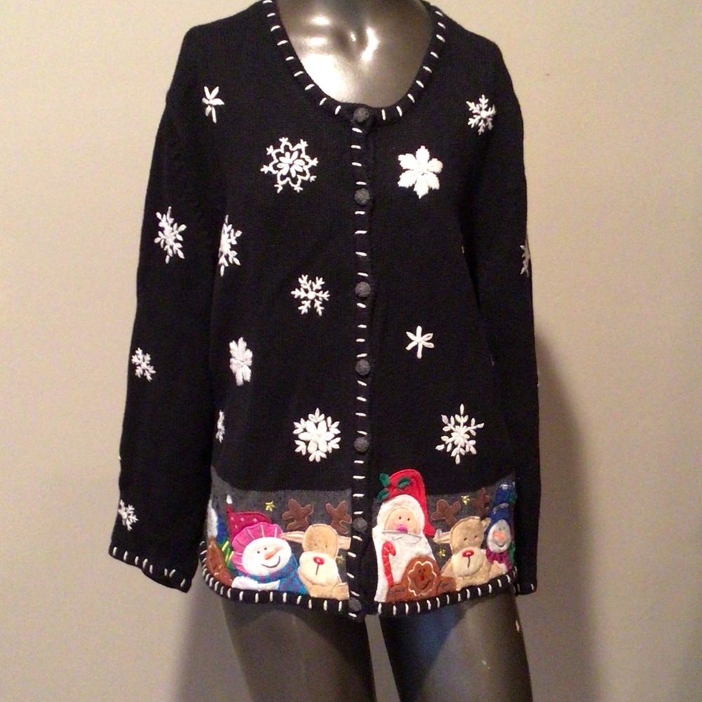 Studio Joy Black Cardigan with Santa and Reindeer Appliqué and Embroidery Sno
